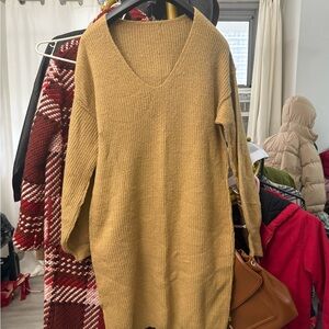 Women's V-Neck Sweater Dress Tan